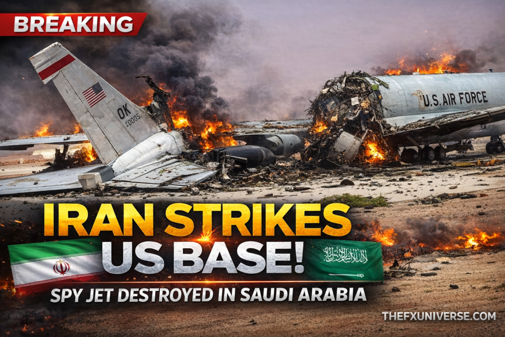 Iran war escalation with US base attack in Saudi Arabia, aircraft destroyed, intense fire and smoke.