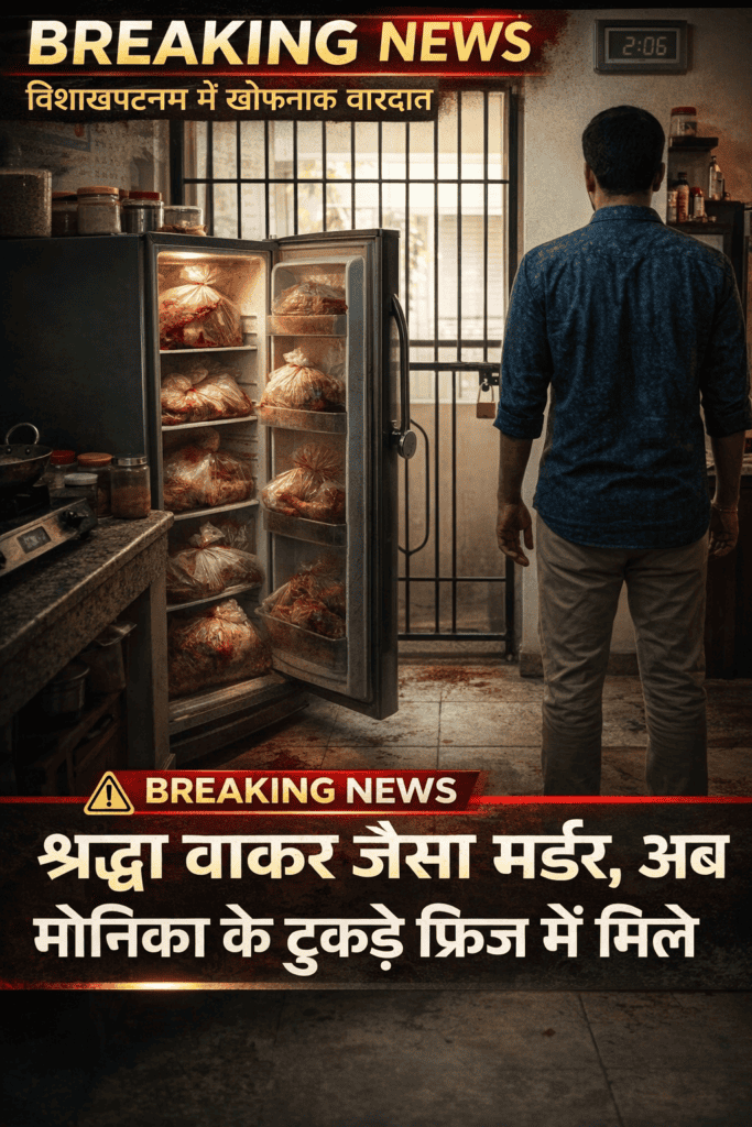 Man standing near open fridge with body parts inside, horror crime scene.