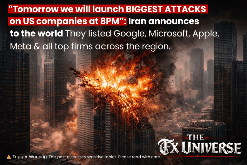 Explosion in city skyline amid chaos and fire.