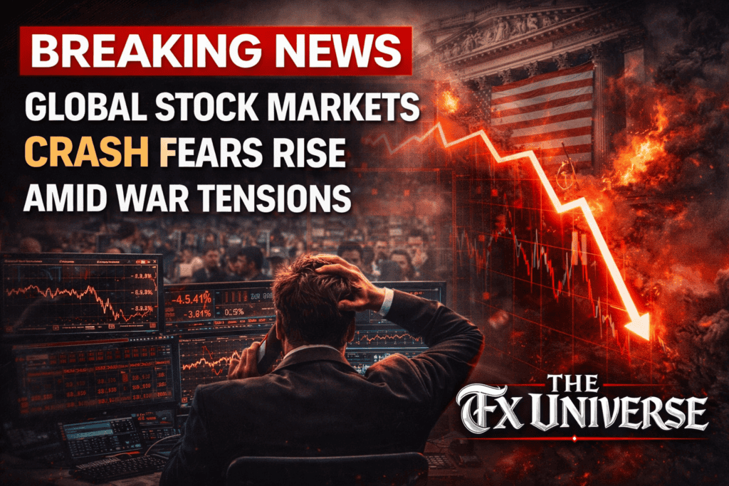 Investor watching stock market crash amid rising war tensions and economic fears.