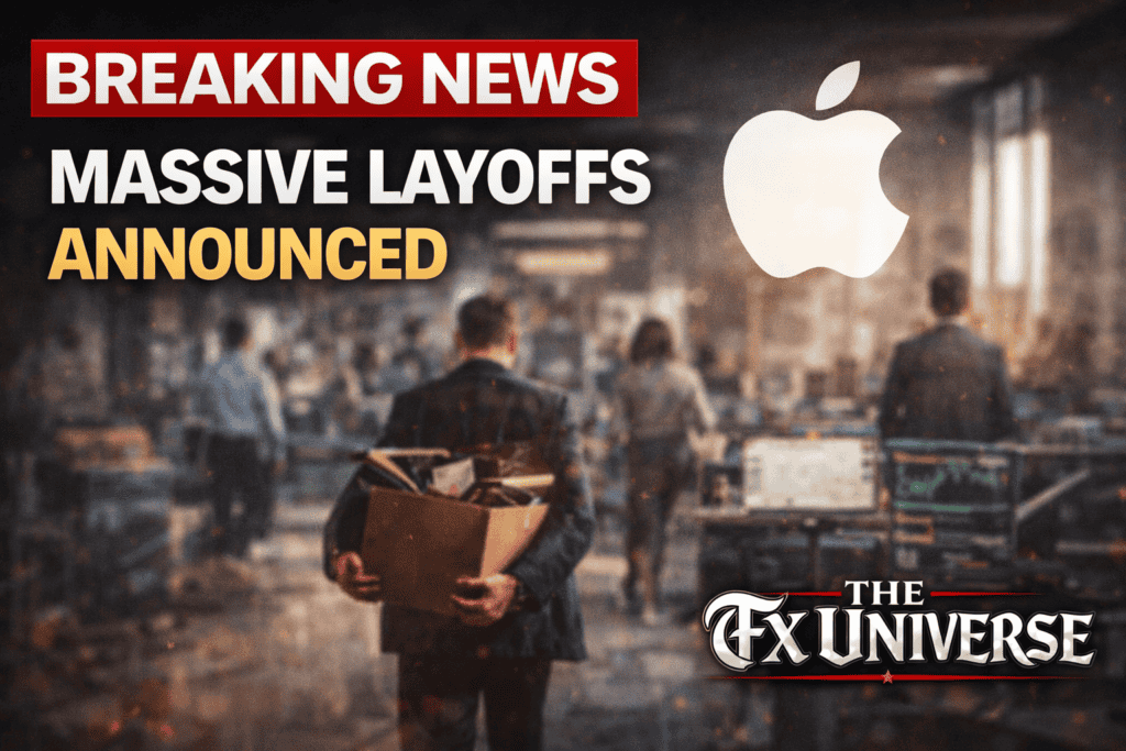 Man holding a box in a busy office with Apple logo, news about major layoffs in 2026.